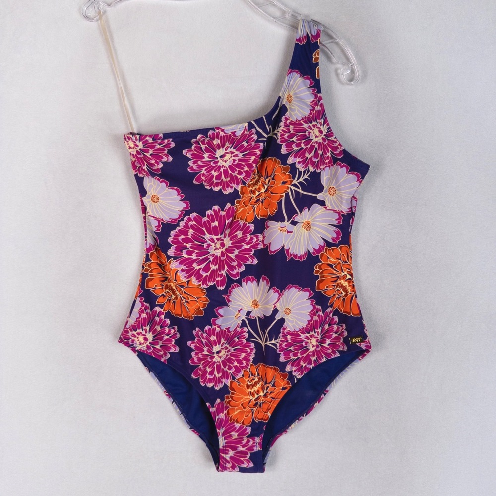 Jones New York Women One Piece Swimsuit Medium Purple Floral One Shoulder Padded